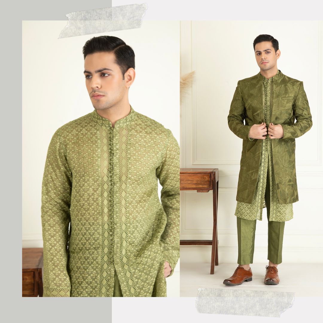 Olive Green Embroidered Sherwani Set