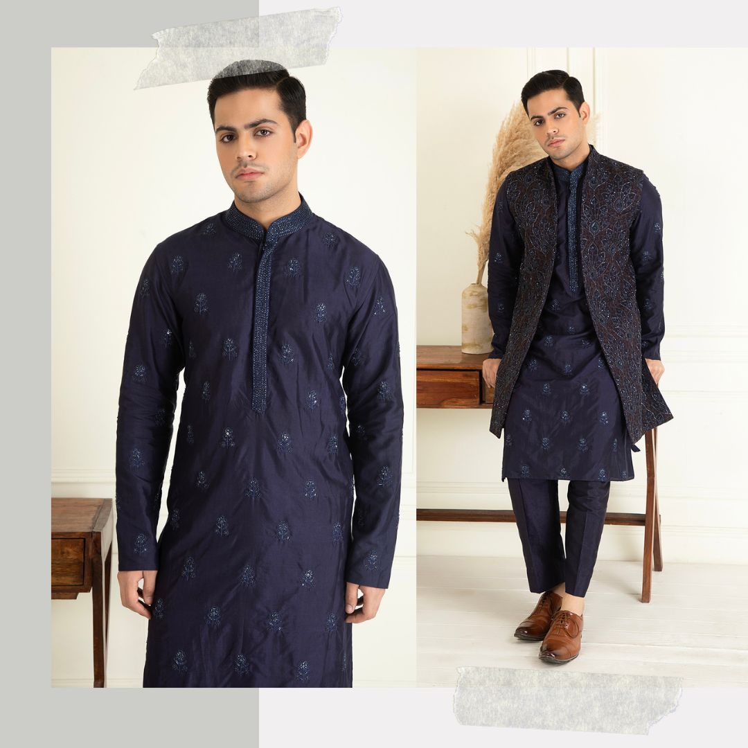 Midnight Blue Front Open Sherwani Set
