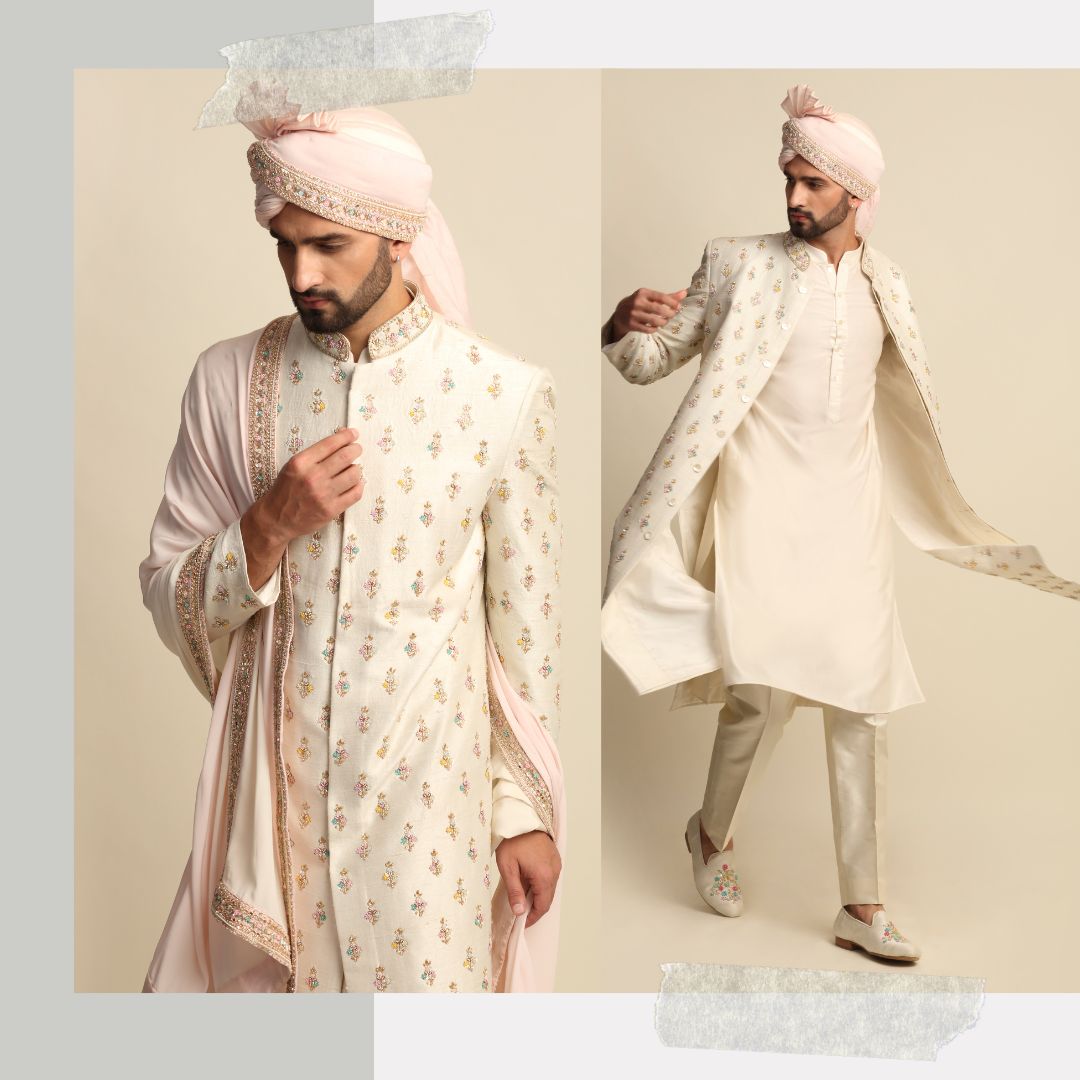 Cream Multicolored Embroidered Full Groom Attire