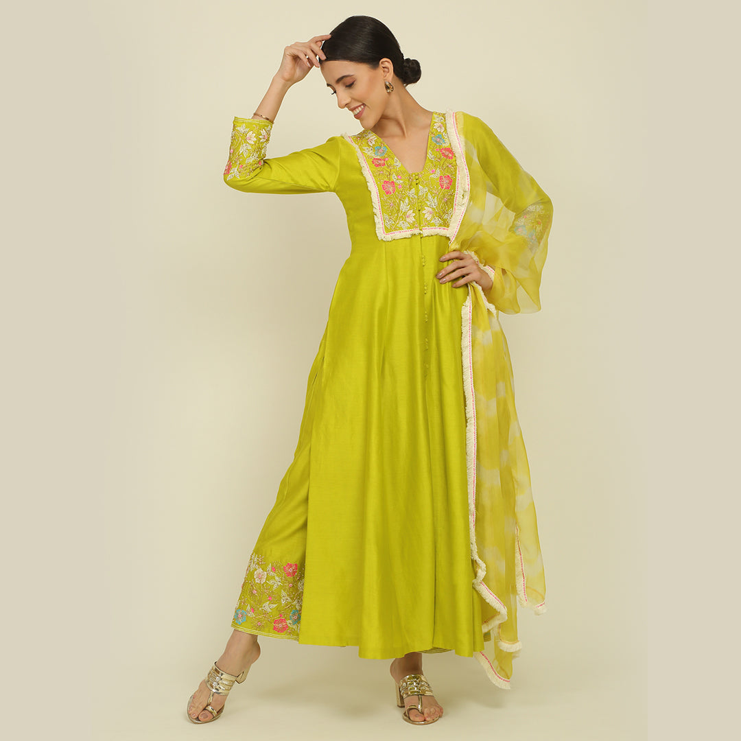 Lime Green Chanderi Suit Set