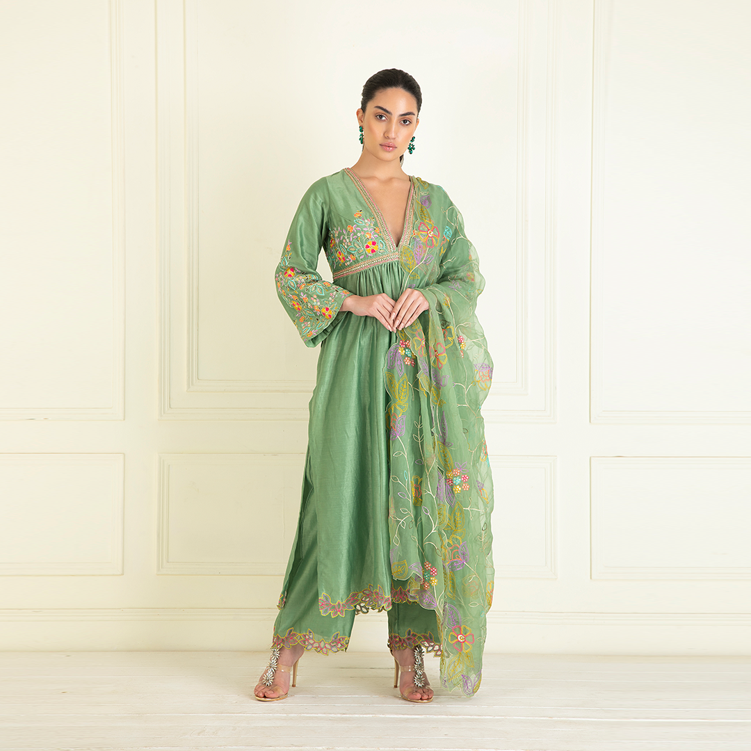 Sage Green Embroidered Chanderi Suit Set