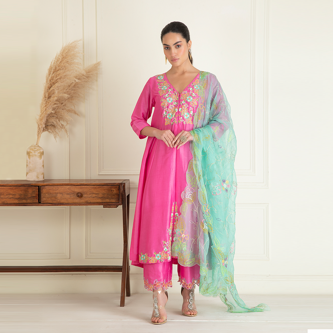 Fuchsia Pink Embroidered Chanderi Suit Set