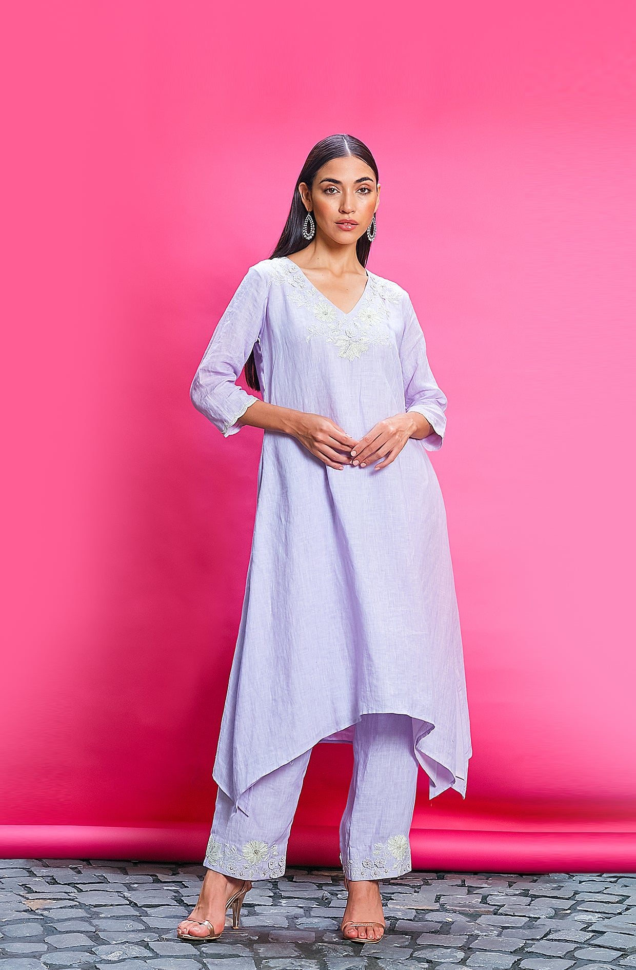 Lilac Cotton Linen Embroidered Kurta Set