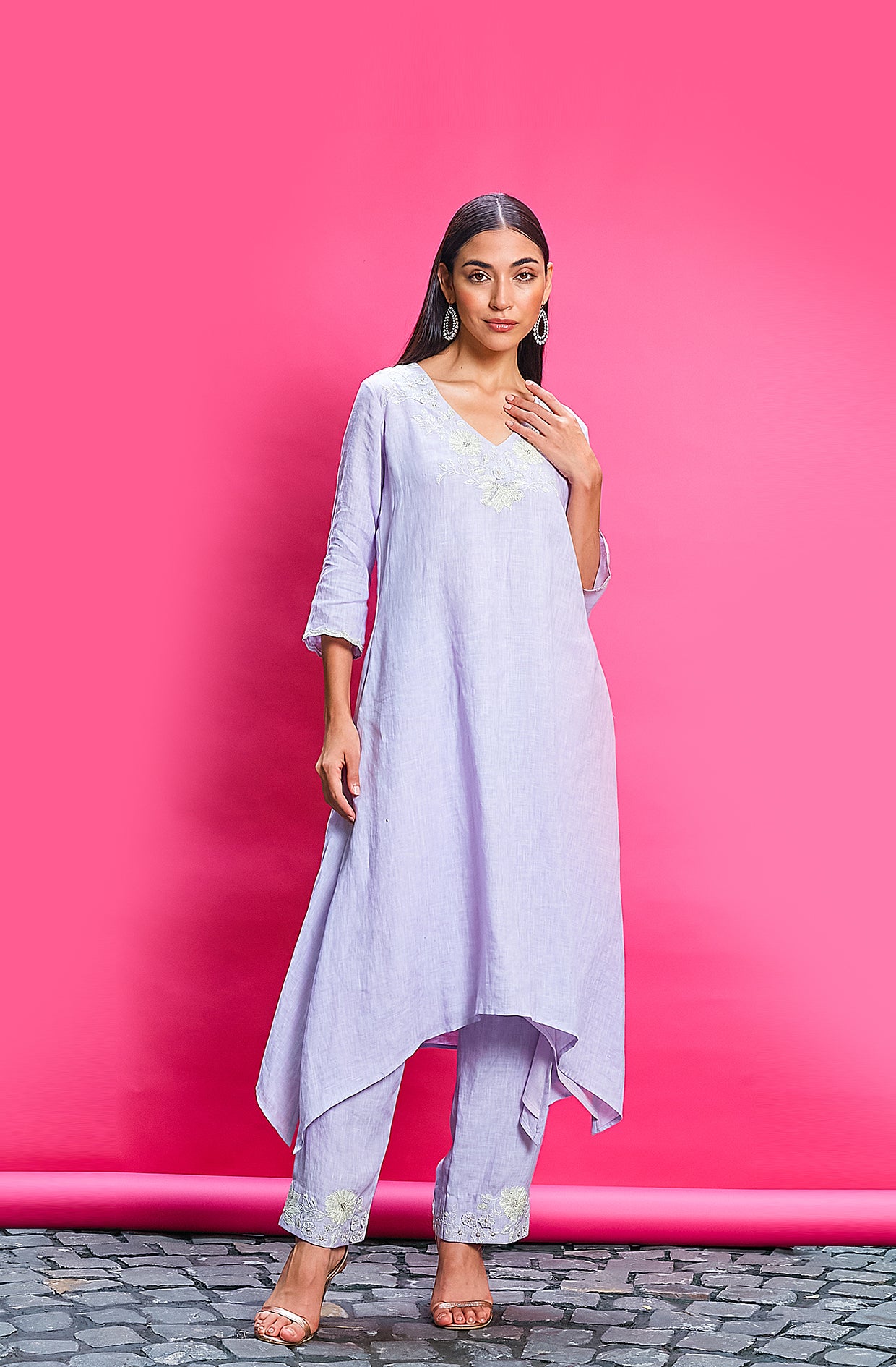 Lilac Cotton Linen Embroidered Kurta Set