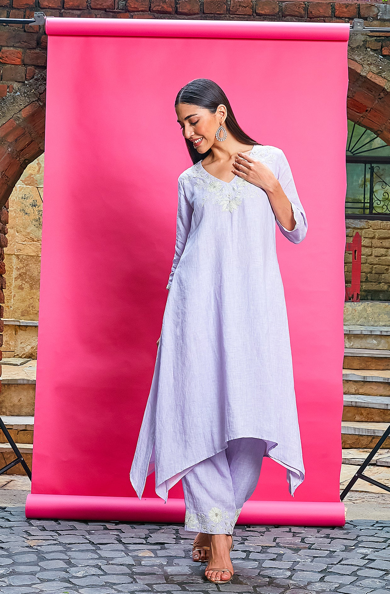 LILAC COTTON  LINEN  EMBROIDERED KURTA SET