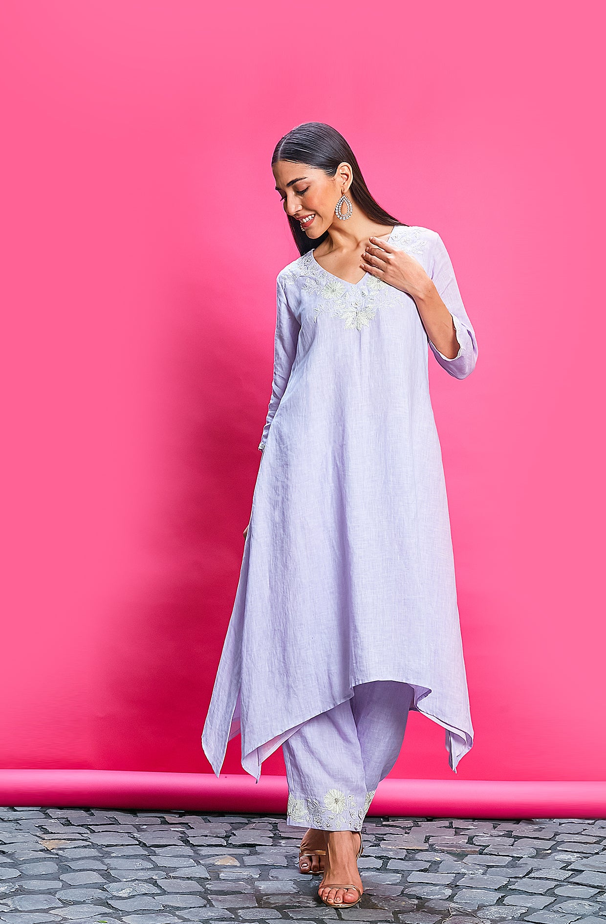 Lilac Cotton Linen Embroidered Kurta Set
