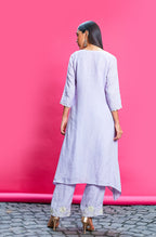 Lilac Cotton Linen Embroidered Kurta Set
