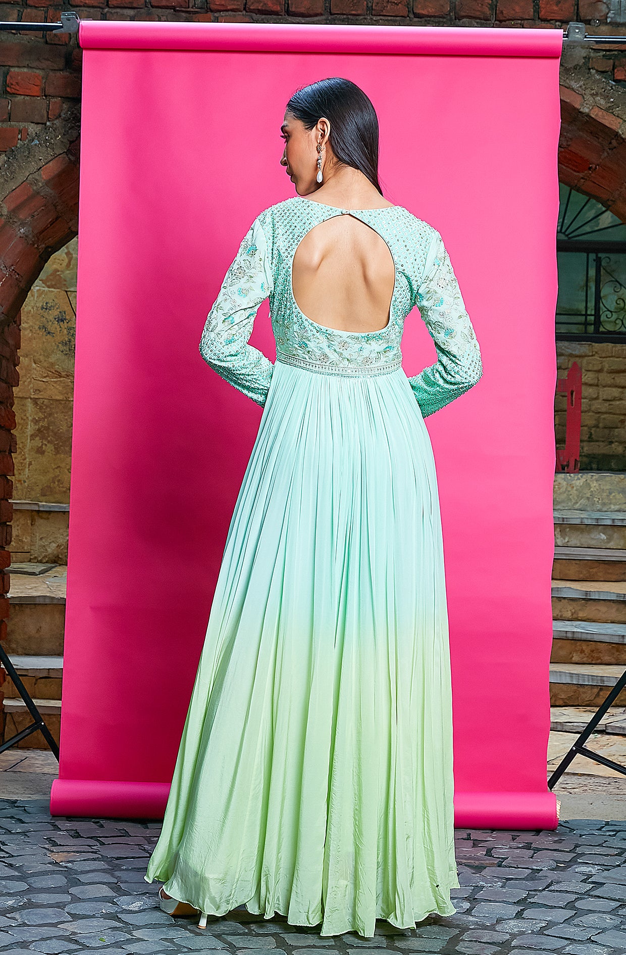 SKY BLUE AND MINT GREEN OMBRE DYED CREPE ANARKALI