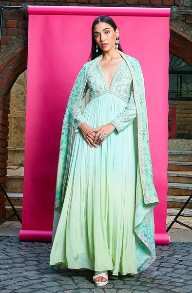 SKY BLUE AND MINT GREEN OMBRE DYED CREPE ANARKALI