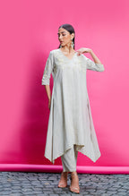 Beige Linen Embroidered Kurta Set