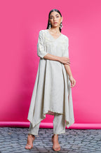 Beige Linen Embroidered Kurta Set