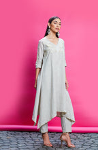 Beige Linen Embroidered Kurta Set