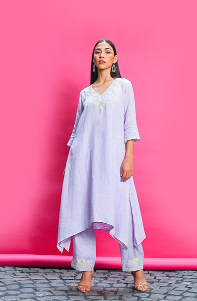 LILAC COTTON  LINEN  EMBROIDERED KURTA SET