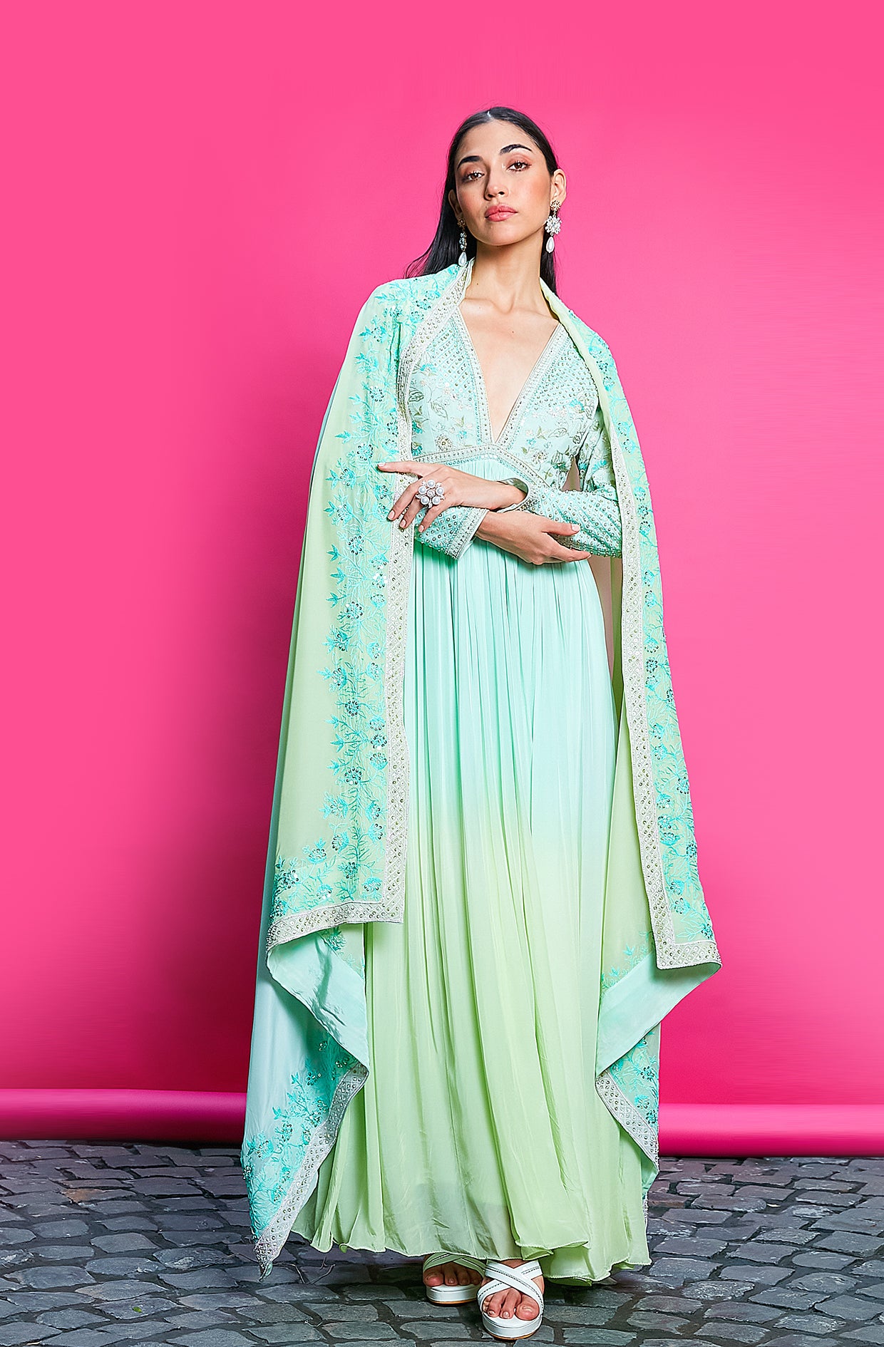 SKY BLUE AND MINT GREEN OMBRE DYED CREPE ANARKALI