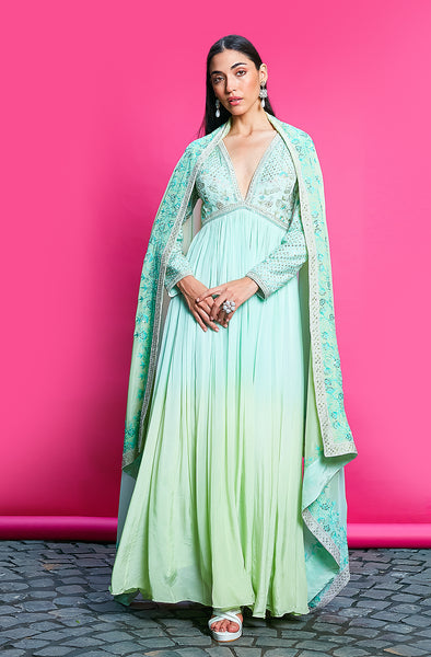 SKY BLUE AND MINT GREEN OMBRE DYED CREPE ANARKALI