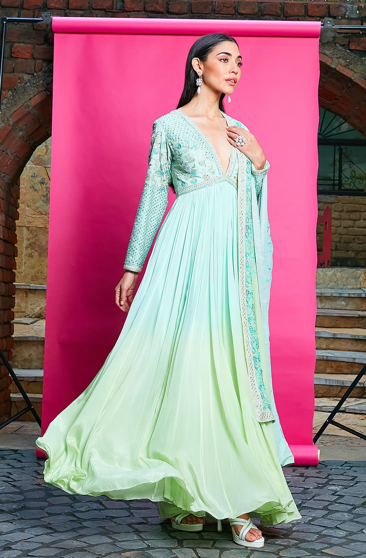 SKY BLUE AND MINT GREEN OMBRE DYED CREPE ANARKALI