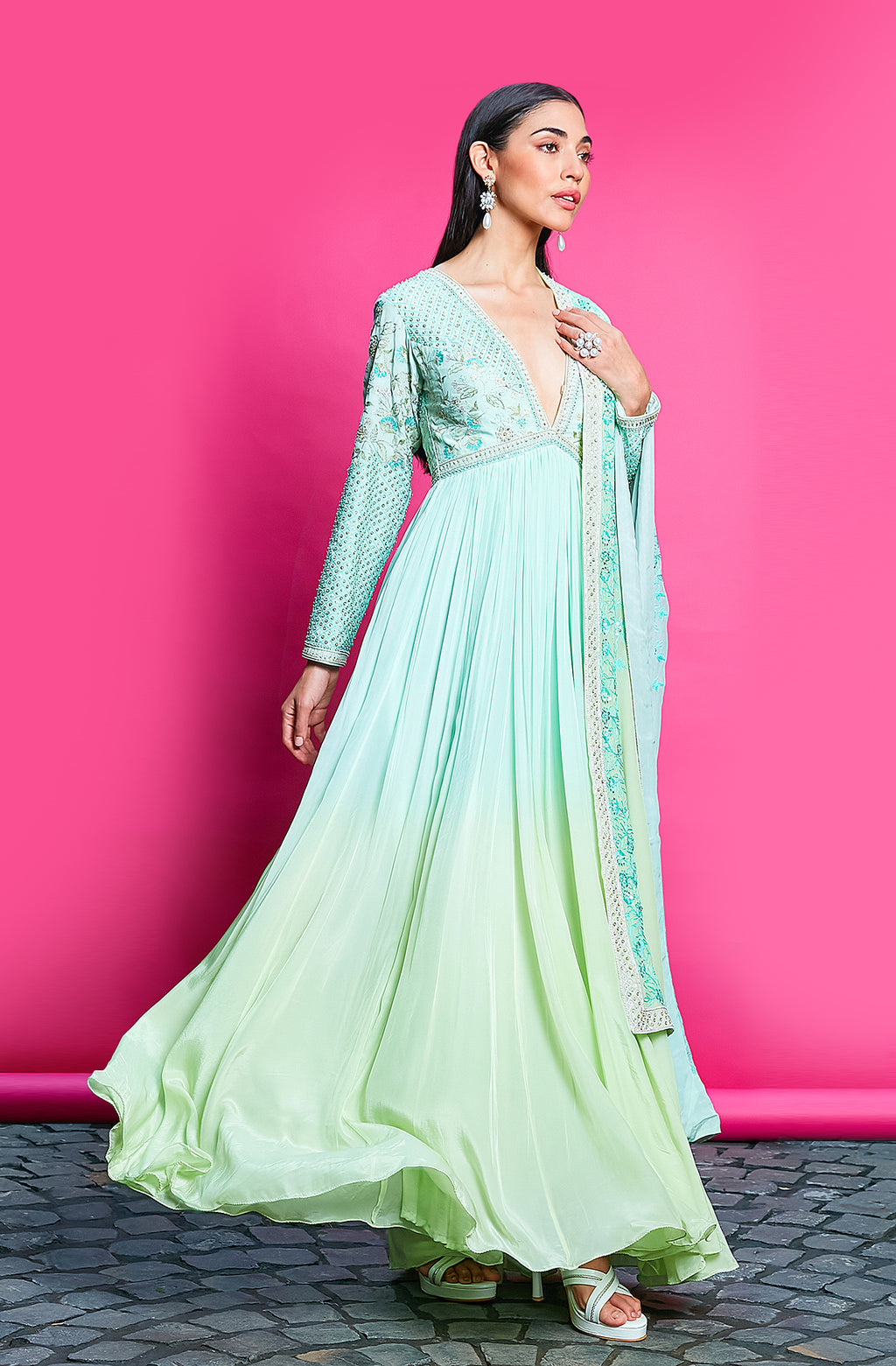 Sky Blue Ombre Dyed Anarkali Set