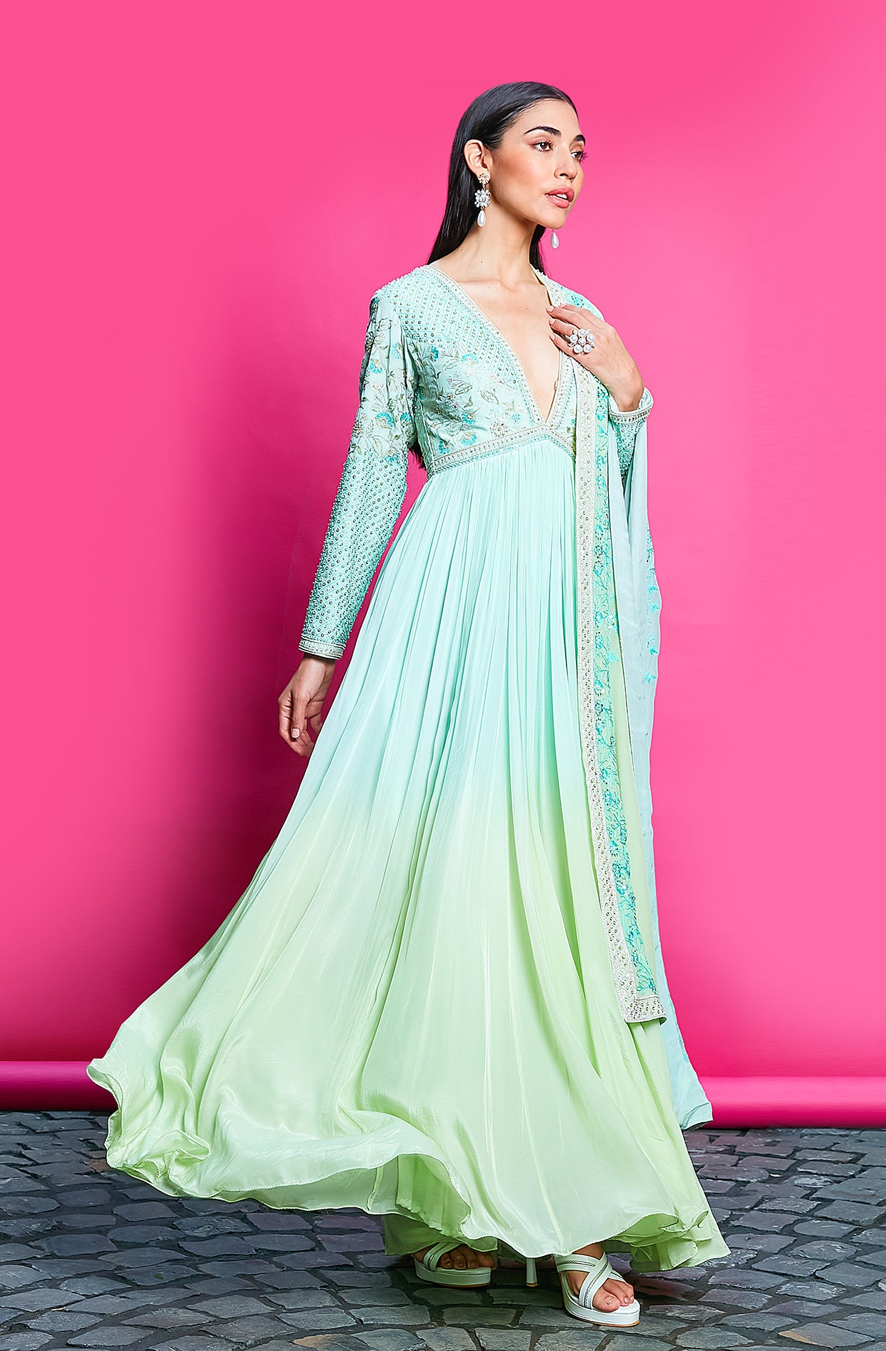 SKY BLUE AND MINT GREEN OMBRE DYED CREPE ANARKALI