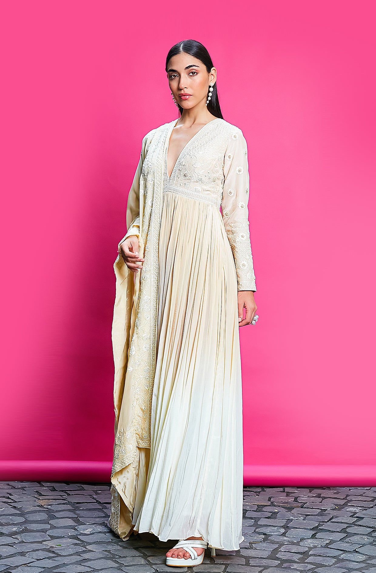 Gold And Ivory Ombre Dyed Crepe Anarkali Set