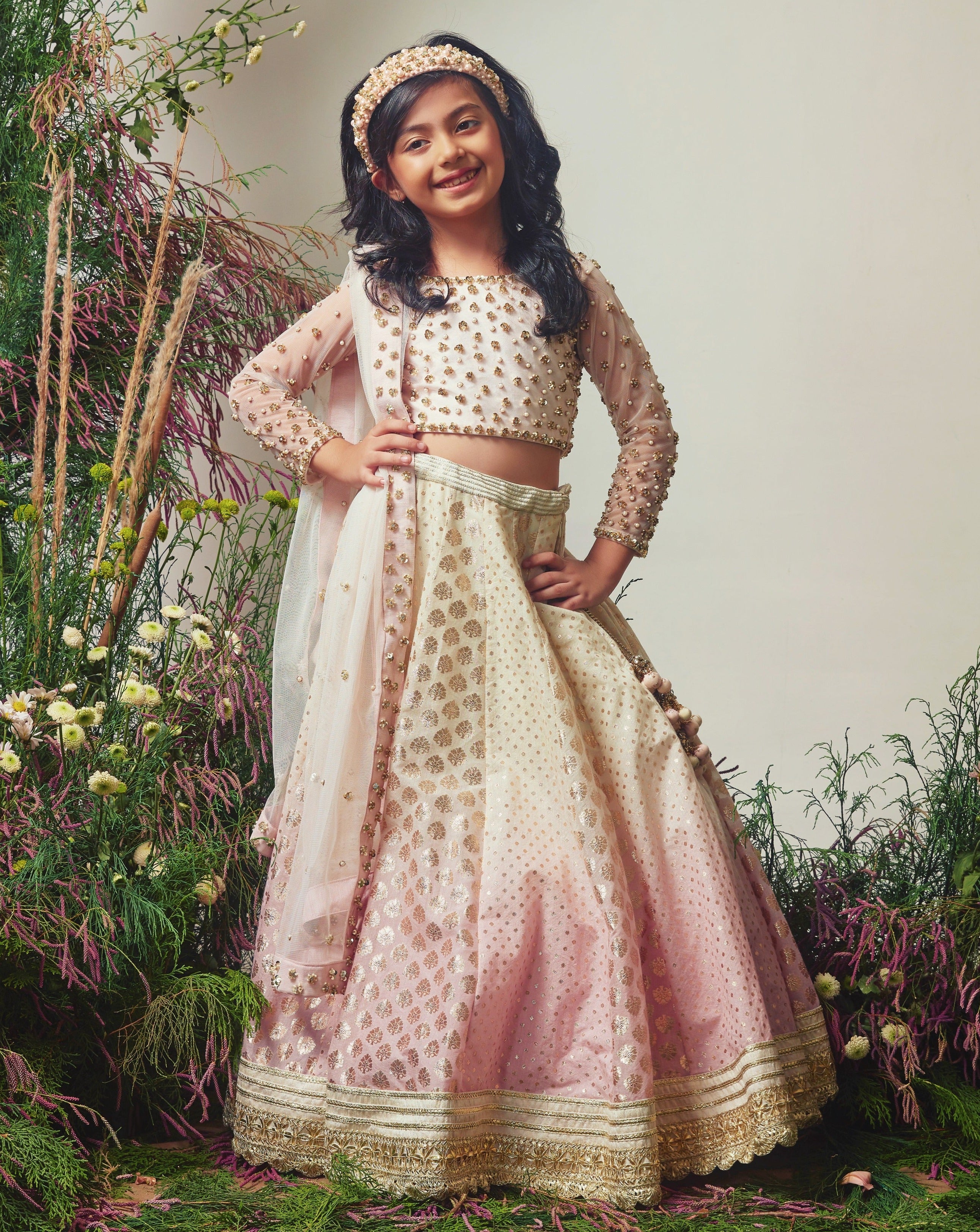 White & Lilac Embroidered Chanderi Lehenga Set For Girls