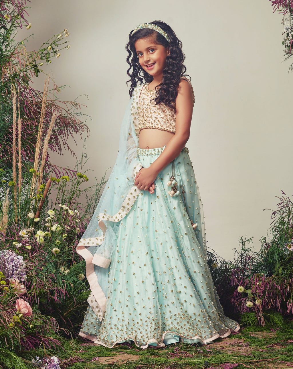 Peach & Ice Blue Embroidered Lehenga Set For Girls