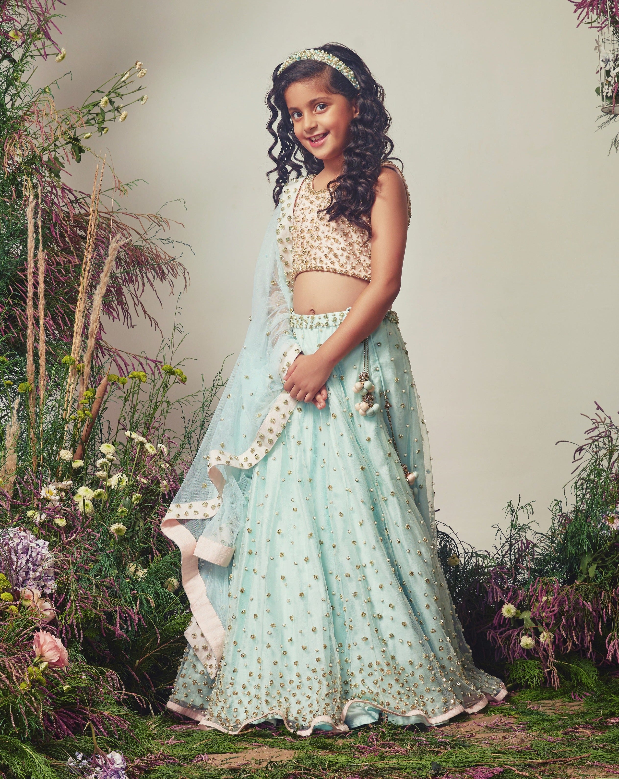 Peach & Ice Blue Embroidered Lehenga Set For Girls