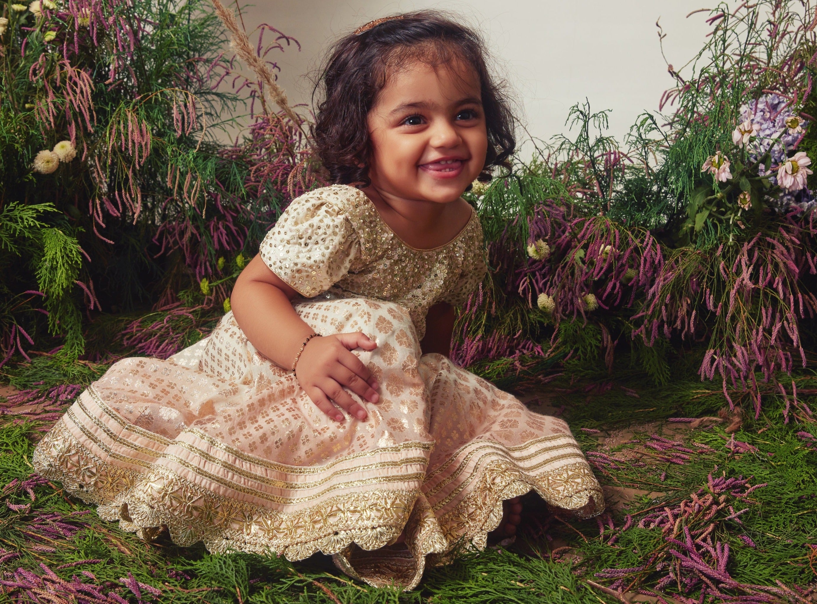 White & Peach Embroidered Chanderi Gown For Girls