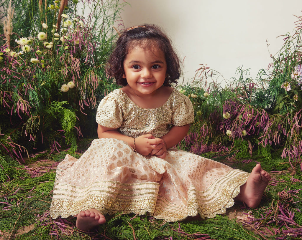 White & Peach Embroidered Chanderi Gown For Girls