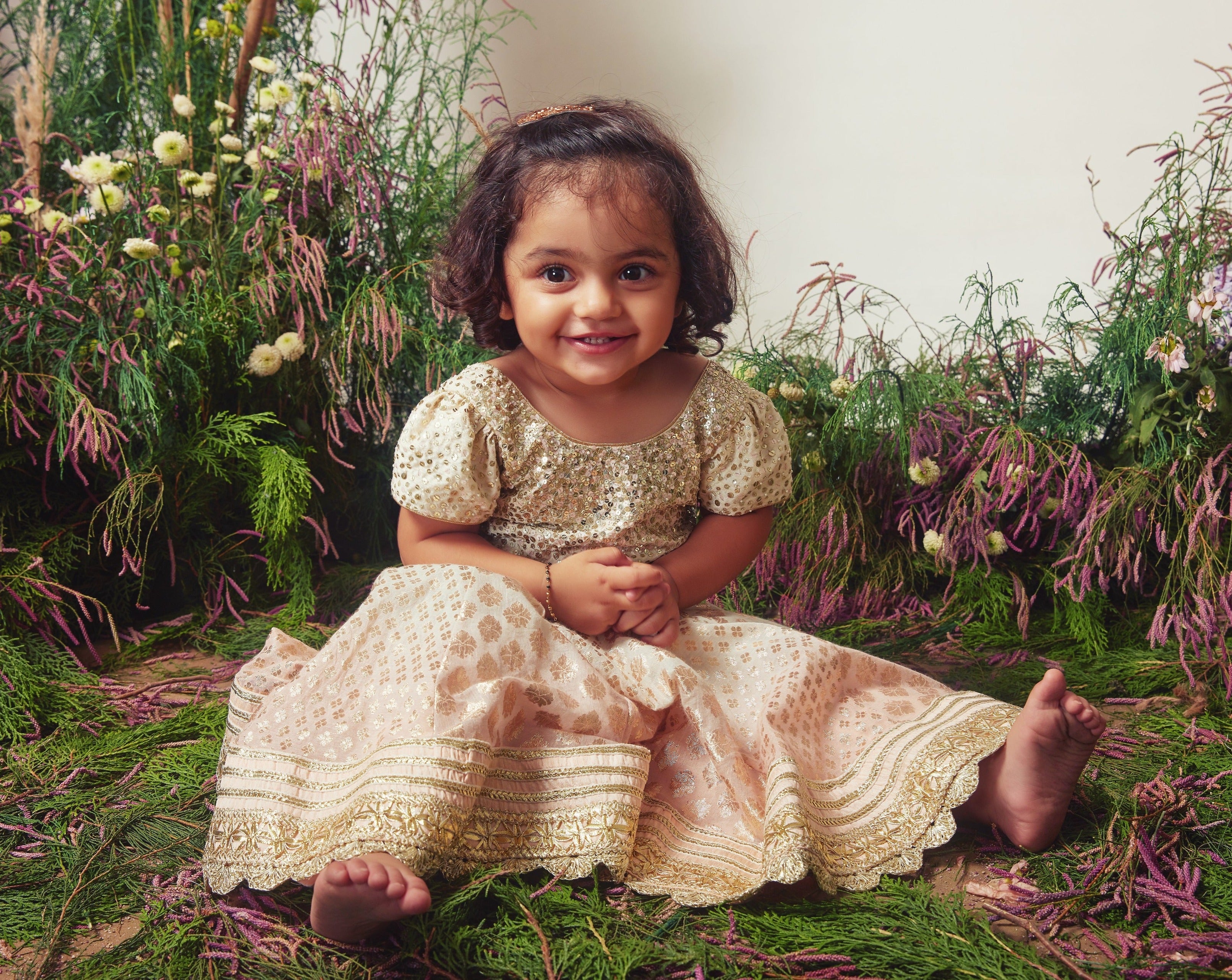 White & Peach Embroidered Chanderi Gown For Girls