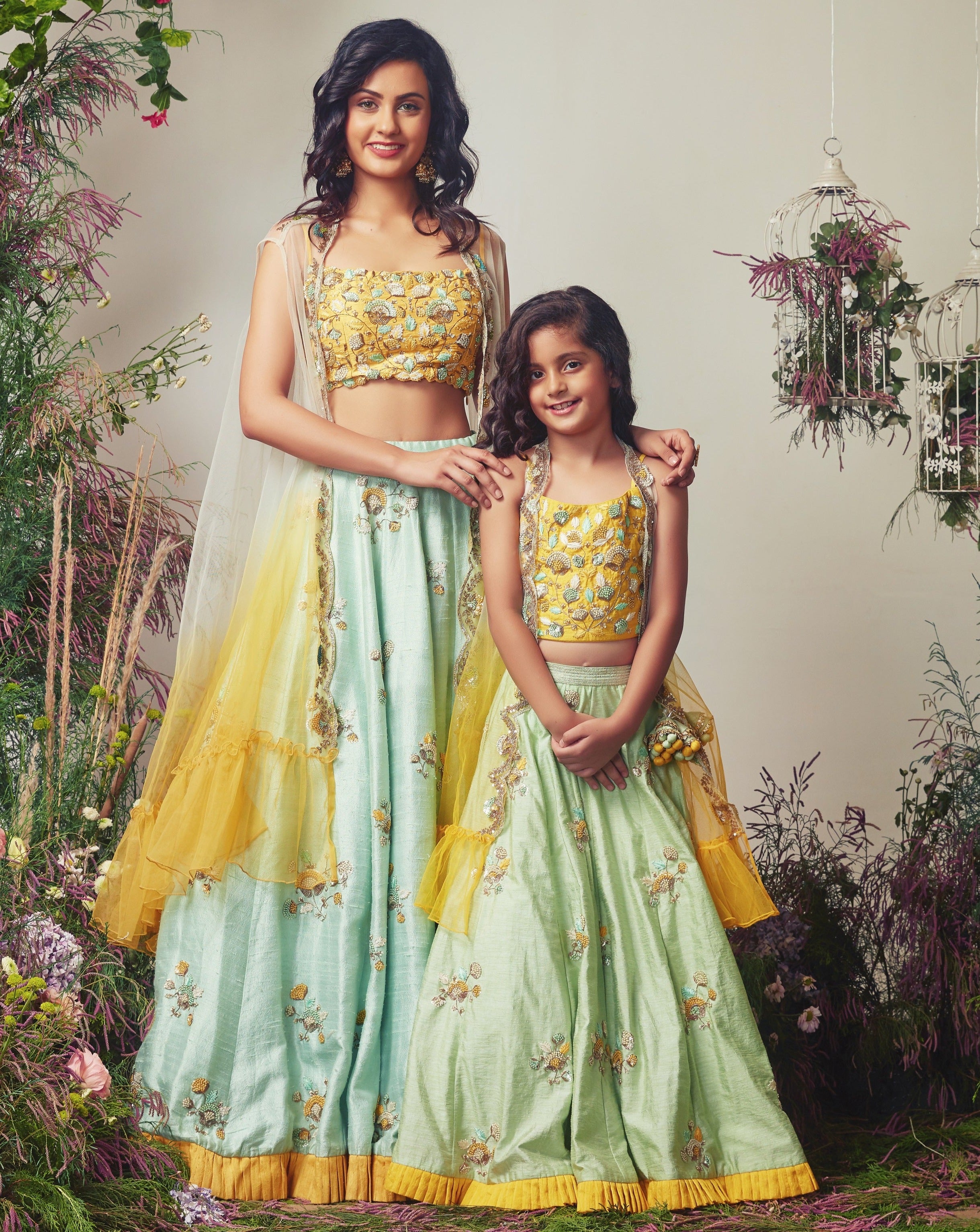 Yellow & Mint Green  Embroidered Lehenga Set For Girls