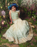White & Ice Blue Embroidered Chanderi Lehenga Set For Girls