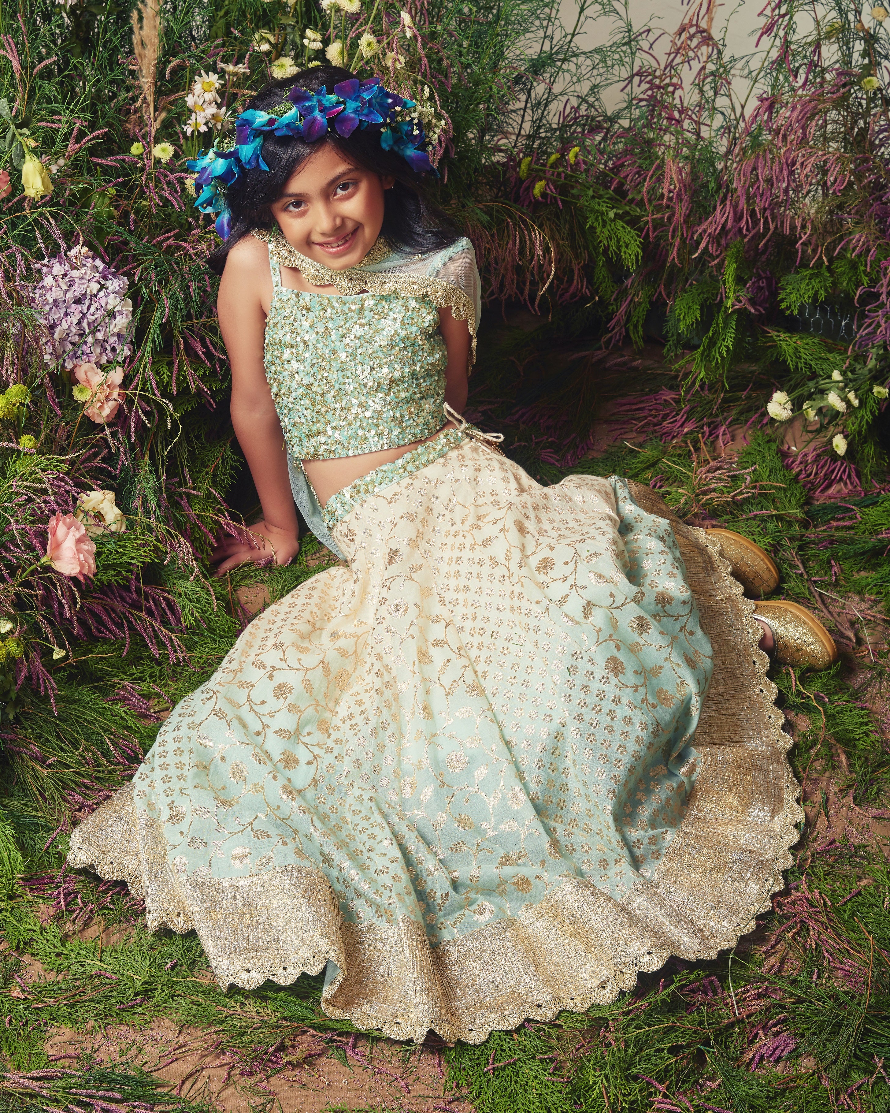 White & Ice Blue Embroidered Chanderi Lehenga Set For Girls