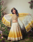 Yellow & Ivory Embroidered Chanderi Lehenga Set For Girls