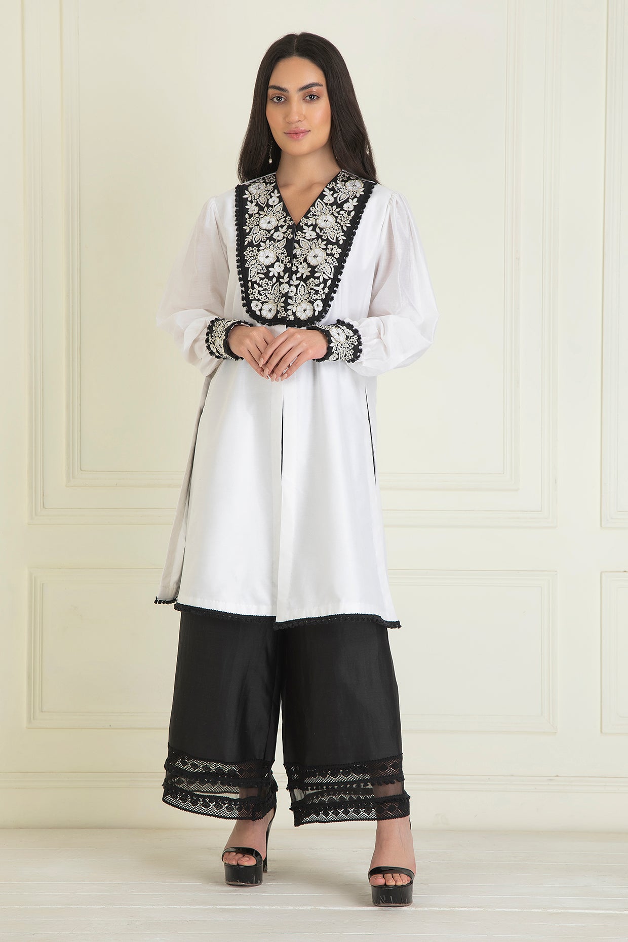 White & Black  Chanderi Kurta Set