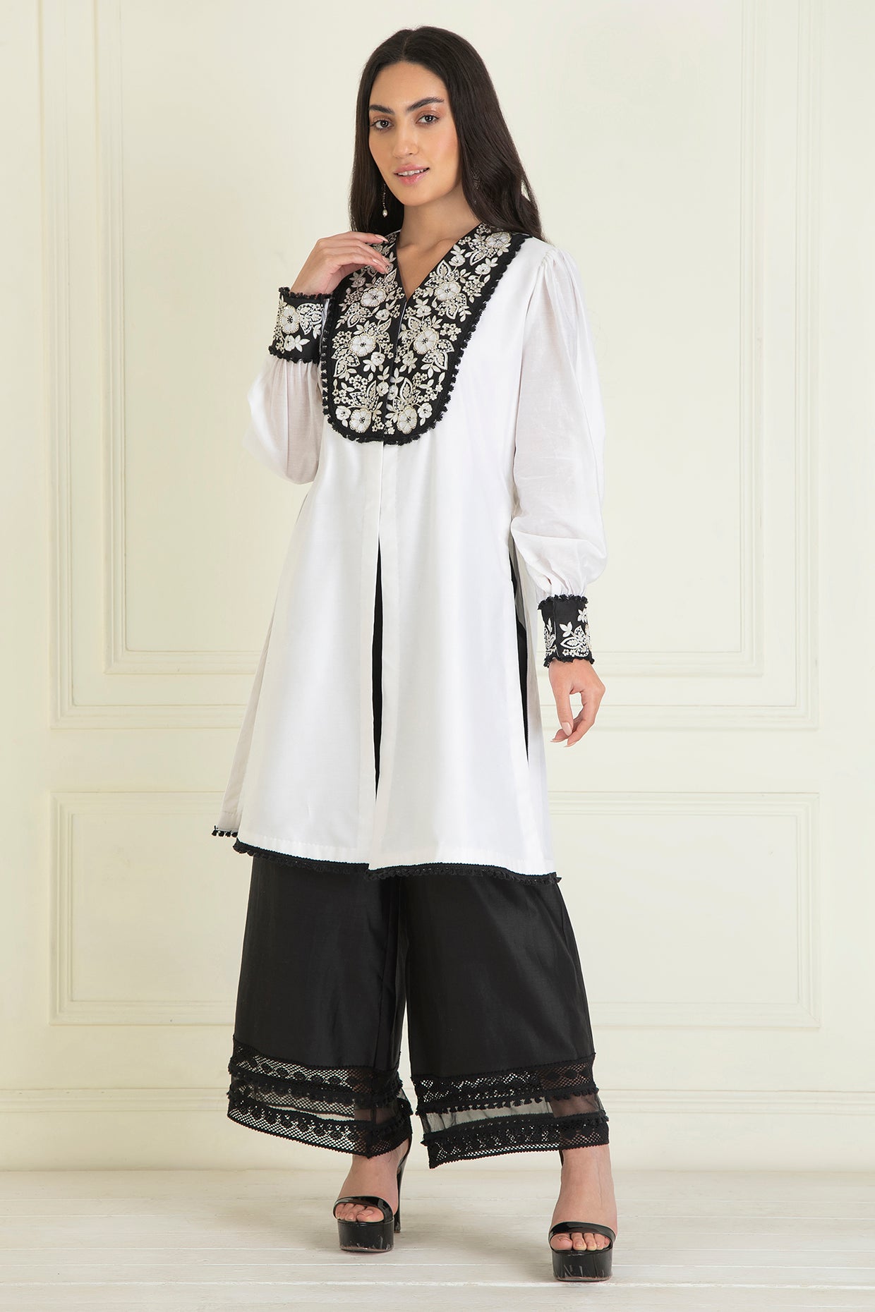 White & Black  Chanderi Kurta Set