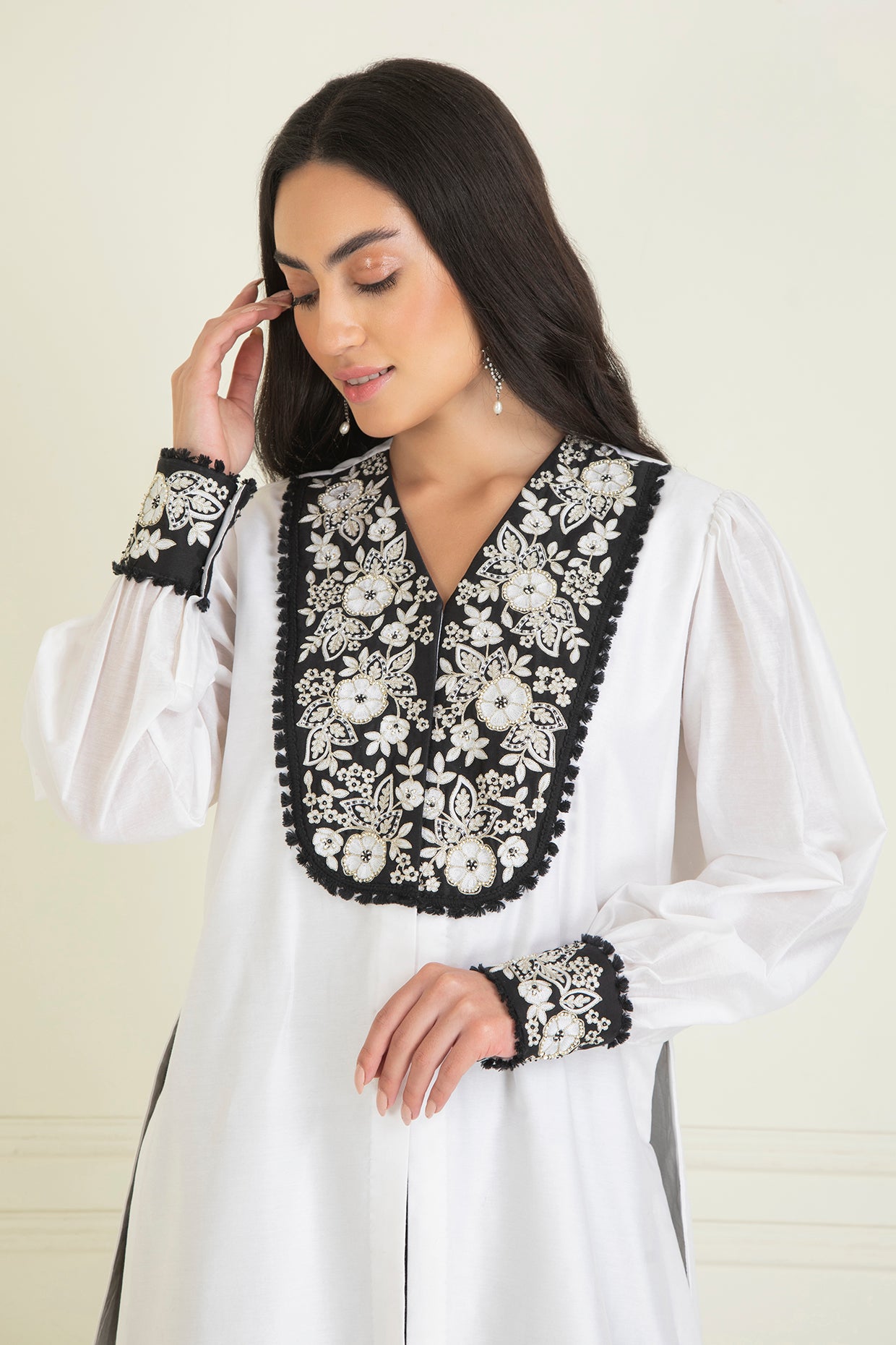 White & Black  Chanderi Kurta Set