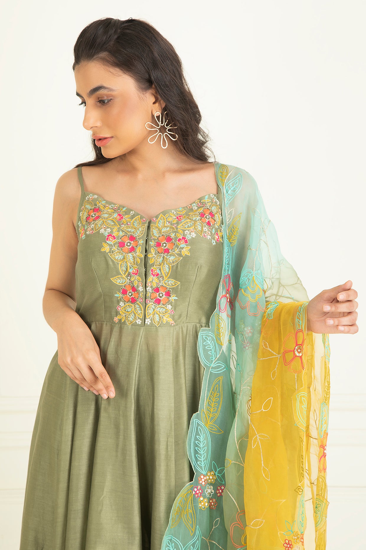 Moss Green Embroidered Chanderi Suit Set