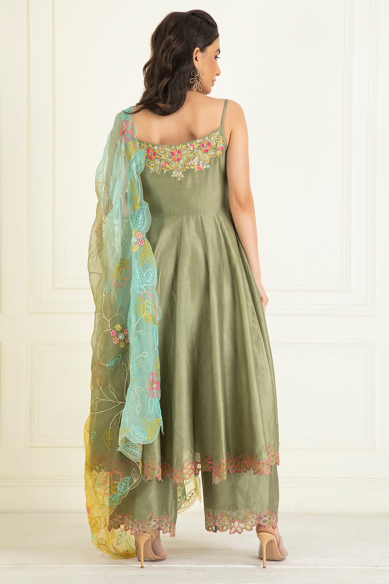 Moss Green Embroidered Chanderi Suit Set