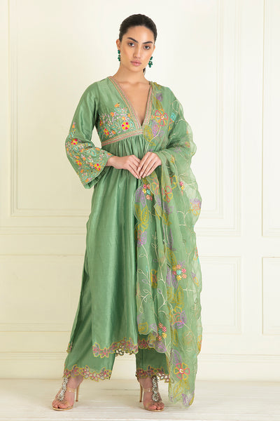 Sage Green Embroidered Chanderi Suit Set