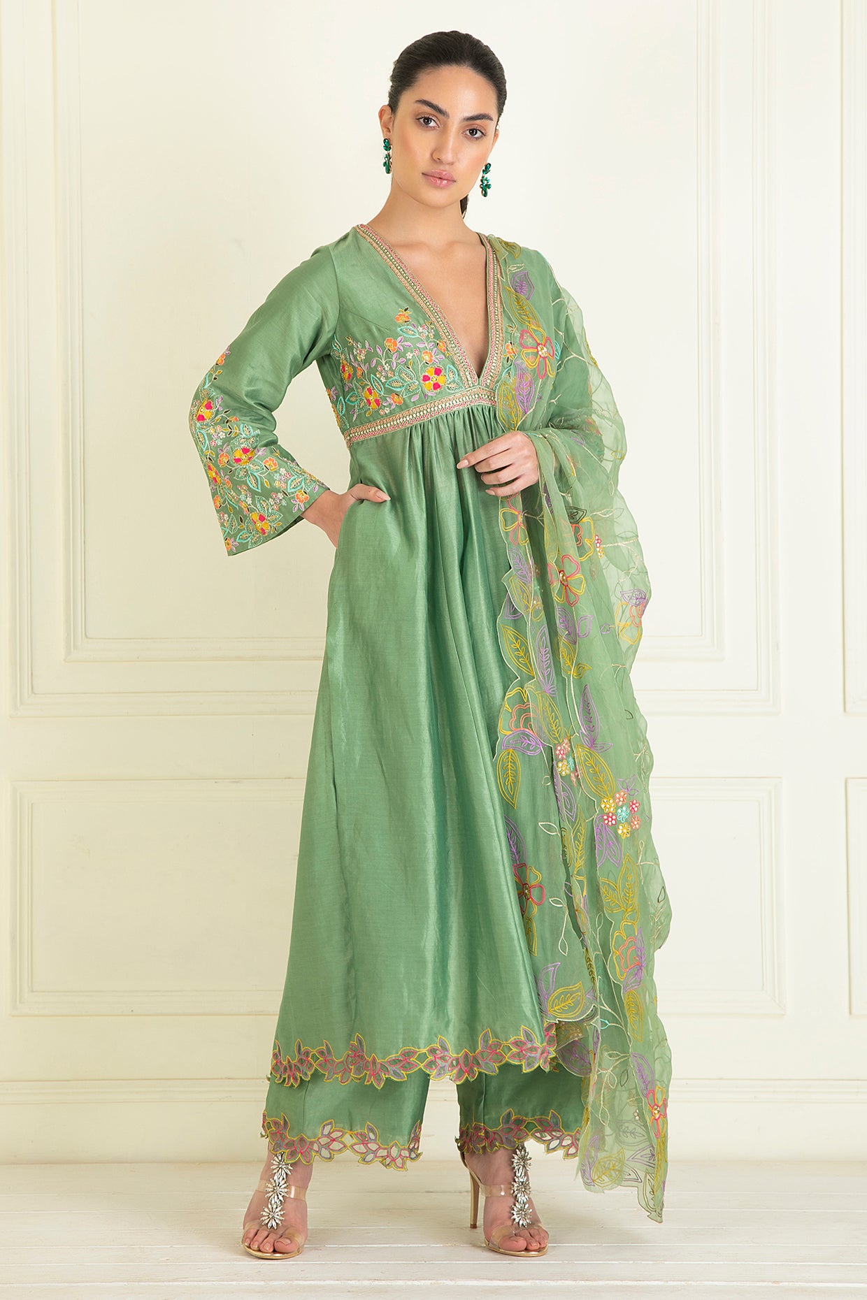 Sage Green Embroidered Chanderi Suit Set