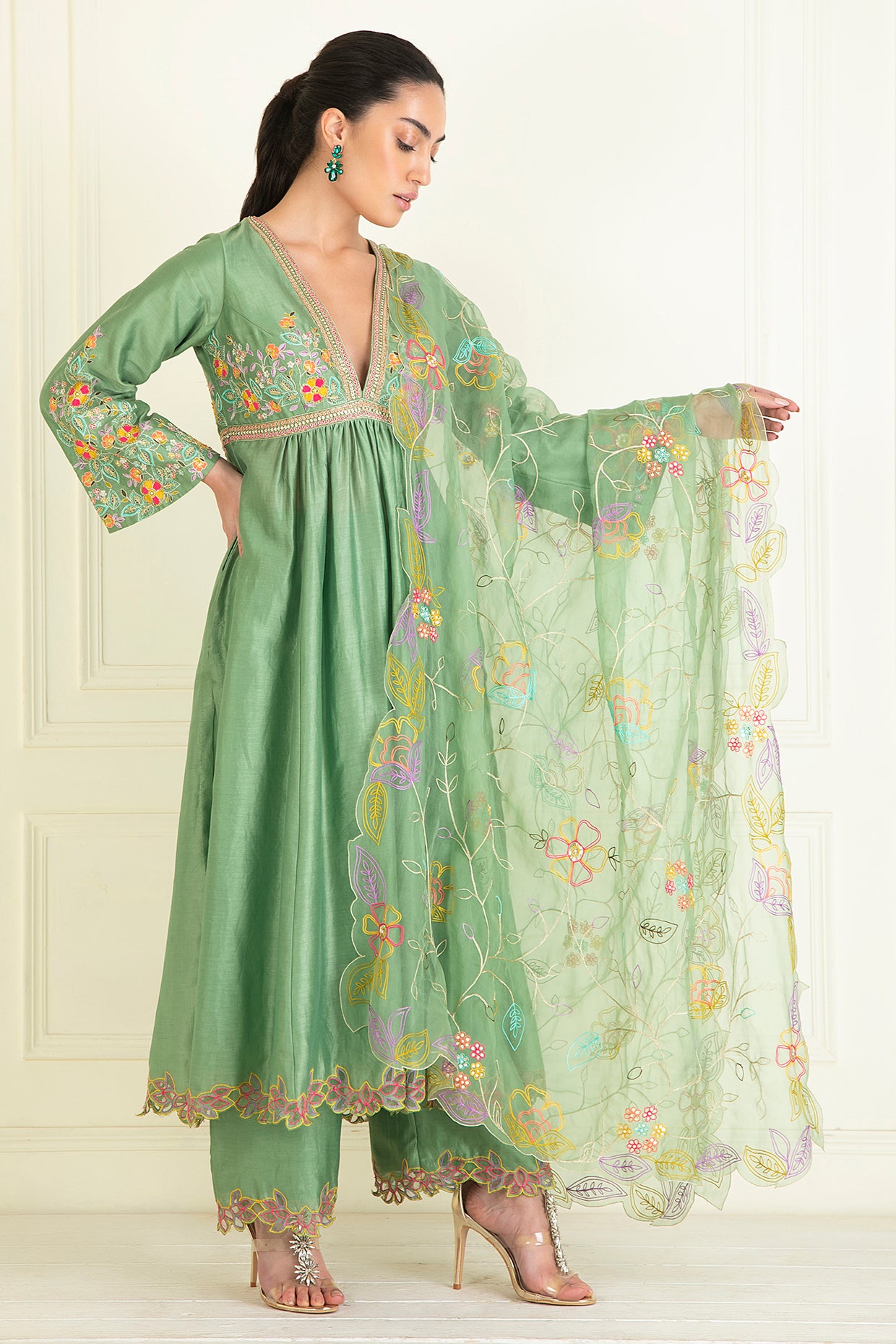 Sage Green Embroidered Chanderi Suit Set