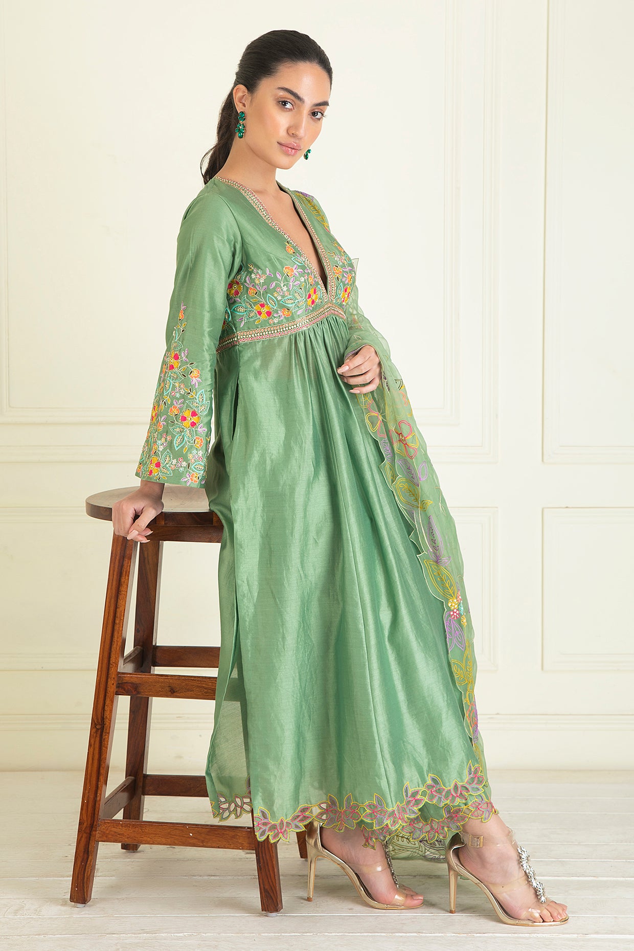 Sage Green Embroidered Chanderi Suit Set