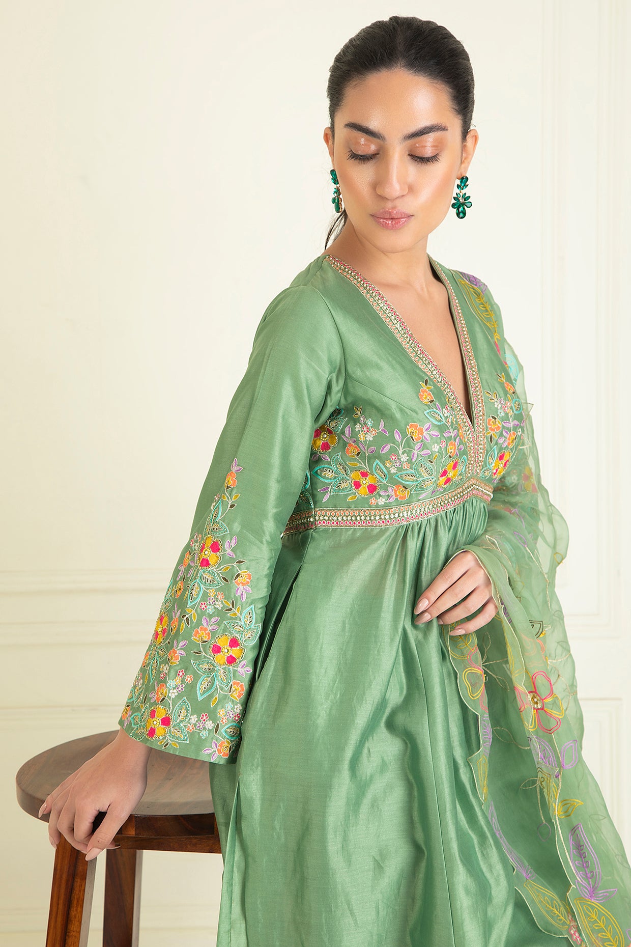 Sage Green Embroidered Chanderi Suit Set