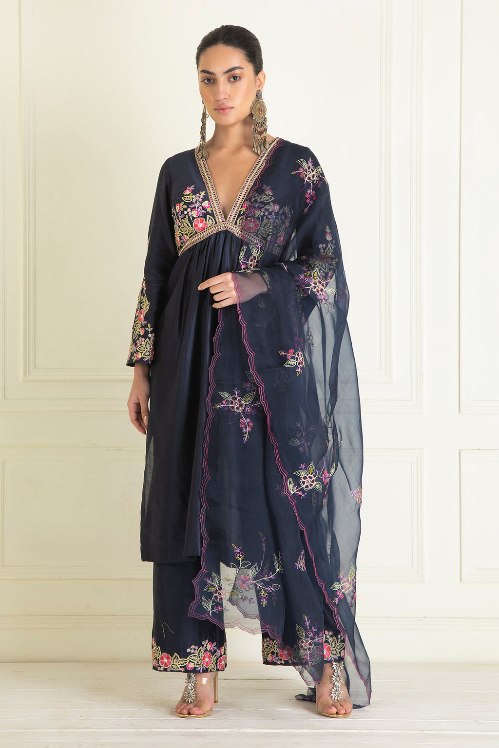 Midnight Blue Embroidered Chanderi Suit Set