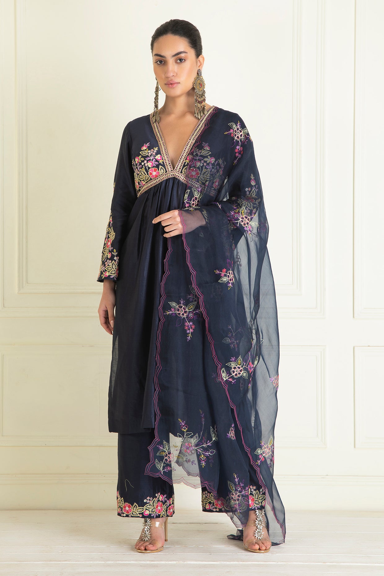 Midnight Blue Embroidered Chanderi Suit Set