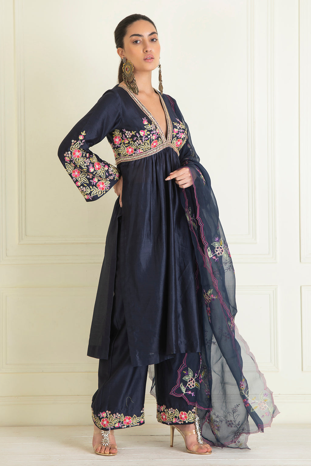 Midnight Blue Embroidered Chanderi Suit Set