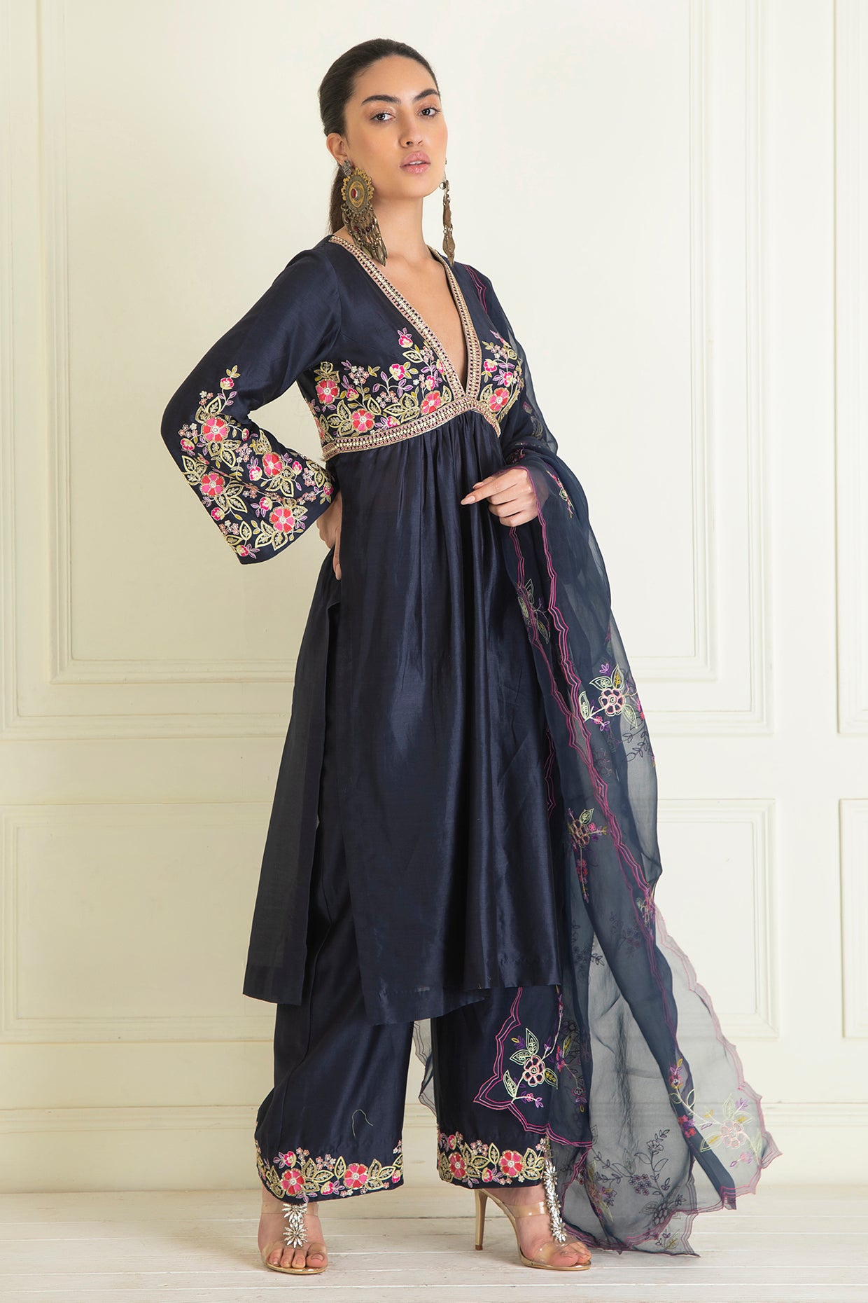 Midnight Blue Embroidered Chanderi Suit Set