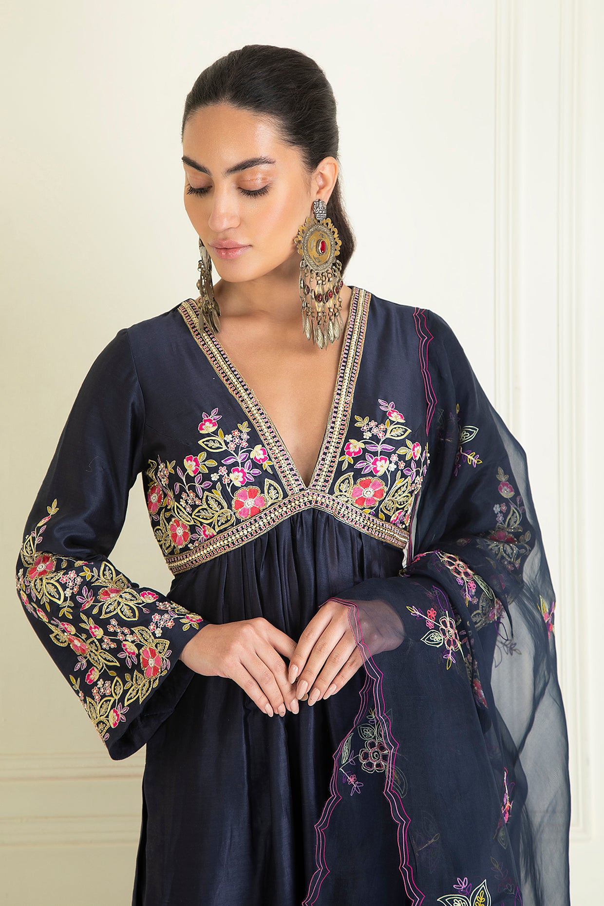 Midnight Blue Embroidered Chanderi Suit Set