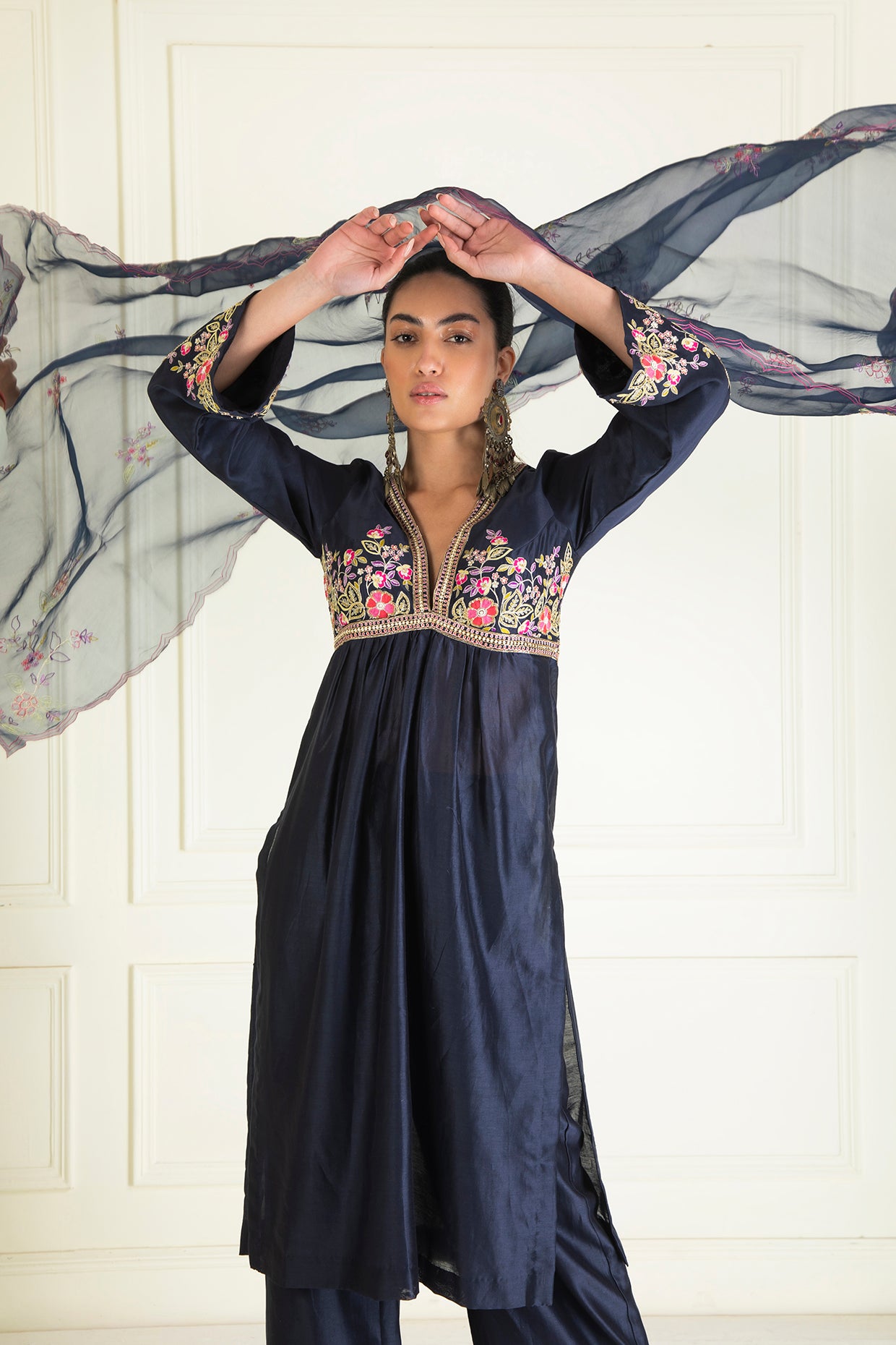 Midnight Blue Embroidered Chanderi Suit Set