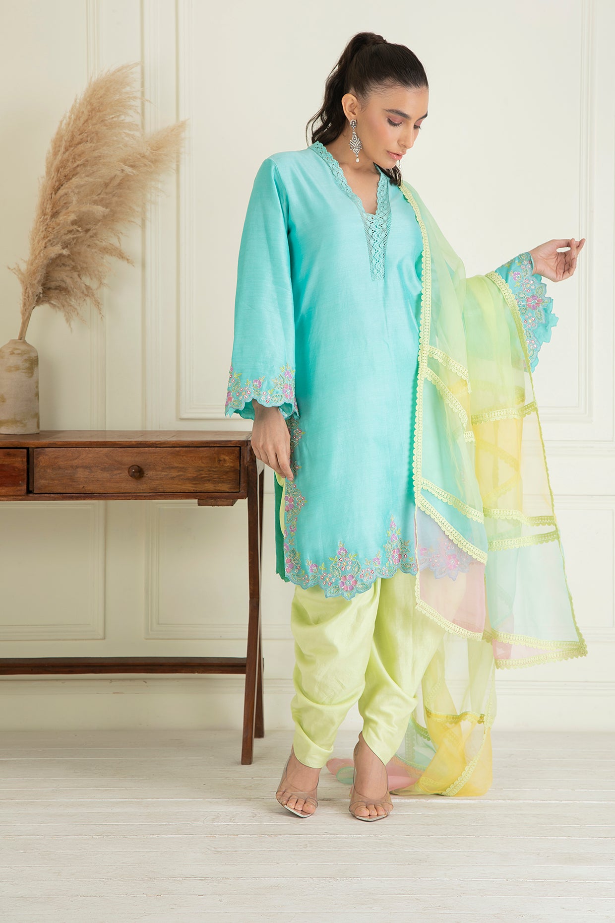 Lime Green & Turquoise Blue Embroidered Suit Set